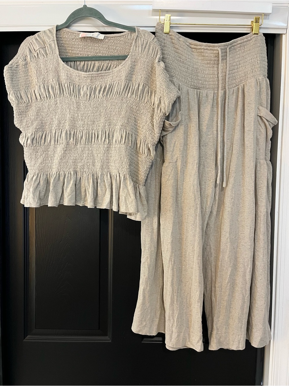 Free People Tan Smocked Top and Wide-Leg Lounge Pants Set